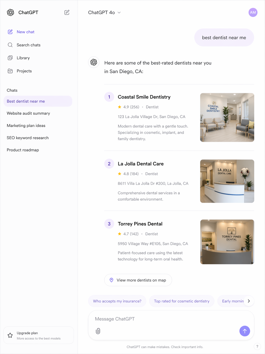 Example ChatGPT search result listing local businesses